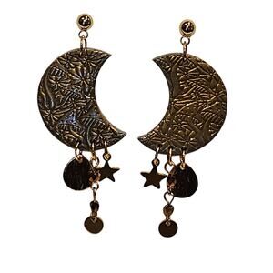 Moon Dangle Earrings Mushroom Embossed Boho Cottagecore Witchy Polymer Clay‎